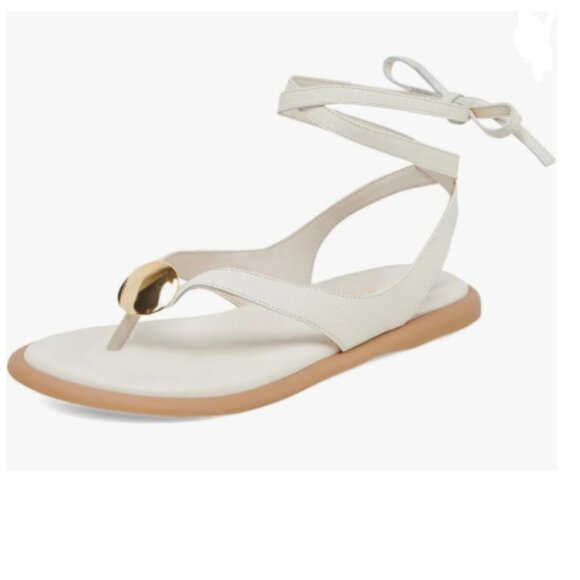 XYD White Open Toe Metal Gold Hardware Flip Flops Ankle Wrap Lace-up Flat Sandal - Picture 1 of 8